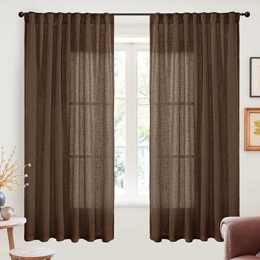 YoungsTex Dark Brown Linen Curtains 68 Inch Length for Living Room - Light Filtering Window Drapes Semi Sheer Textured with Rod Pocket Back Tab Privacy for Bedroom, 2 Panels, 52 X 68 Inch