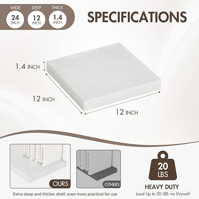 12 Inch Floating Shelves, 12" Deep Floating Shelf Wall Mounted, 12" Wall Shelves, Rustic Deep Bookshelf, Extra Deeper Display Shelves & Storage Shelves for Bedroom, Living Room, Set of 3