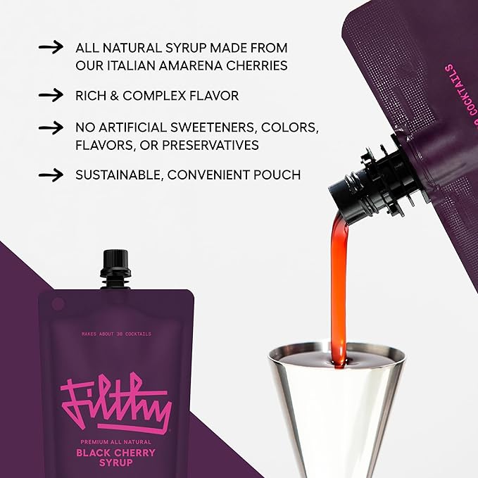 Filthy Black Cherry Whiskey Cocktail Kit, Premium Cocktail Kit for Old Fashioneds and Manhattan Cocktails at Home, Includes Black Cherry Syrup, Black Cherries & 4 Stainless Steel Cocktail Picks