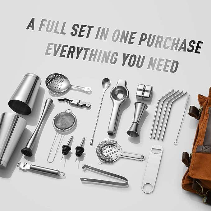 Bartender Kit Gift for New Bartender | Professional 25-Piece mixology Bartender kit with Portable Travel Kit Bag | Bar Set Cocktail Shaker Set for Home Cocktail Making, Work, Parties, Camping