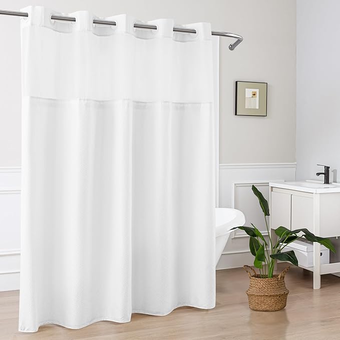 Mrs Awesome No Hook Shower Curtain with Snap-in Liner Less Time On/Off, Embossed Waffle-Look Textured Fabric Shower Curtain for Bathroom Hotel Style, Washable, Soft & Lightweight, 71x74, White