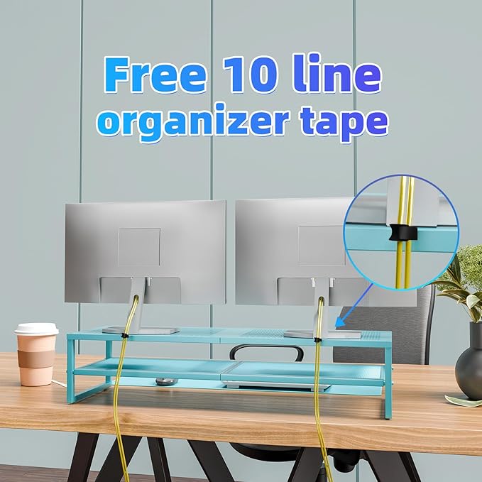 Simple Trending 2 Tier Metal Dual Monitor Stand Riser, Computer Office Desktop Organizer for 2 Monitors with 32"x10" Mouse Pad for Laptop, Printer, TV, Blue