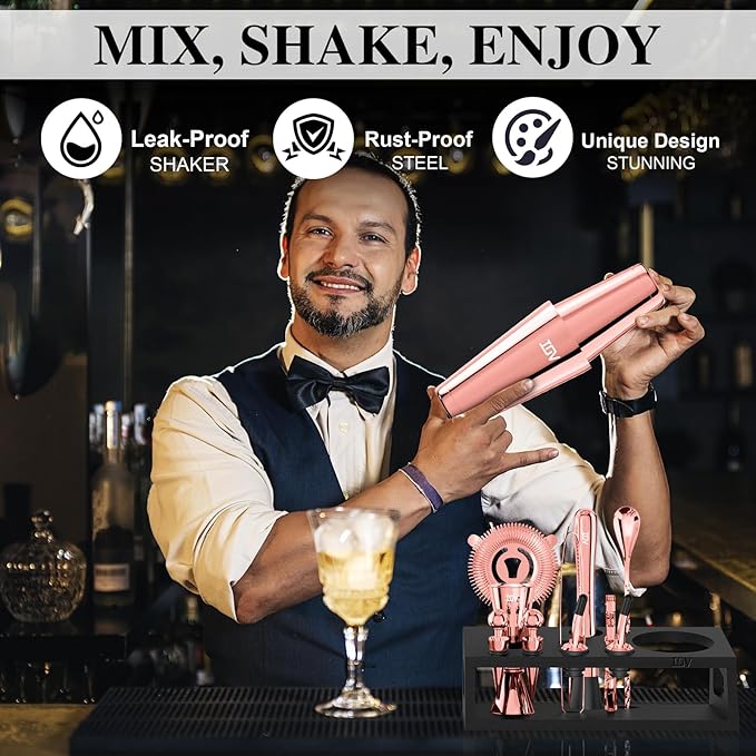 IOV Cocktail Shaker Set: 12-Piece Mixology Bartender Kit Bar Set | 18oz & 28oz Boston Shaker Drink Mixing Tools for Home with Recipe Booklet and Stand | Fun Housewarming Gift (Rose Gold)