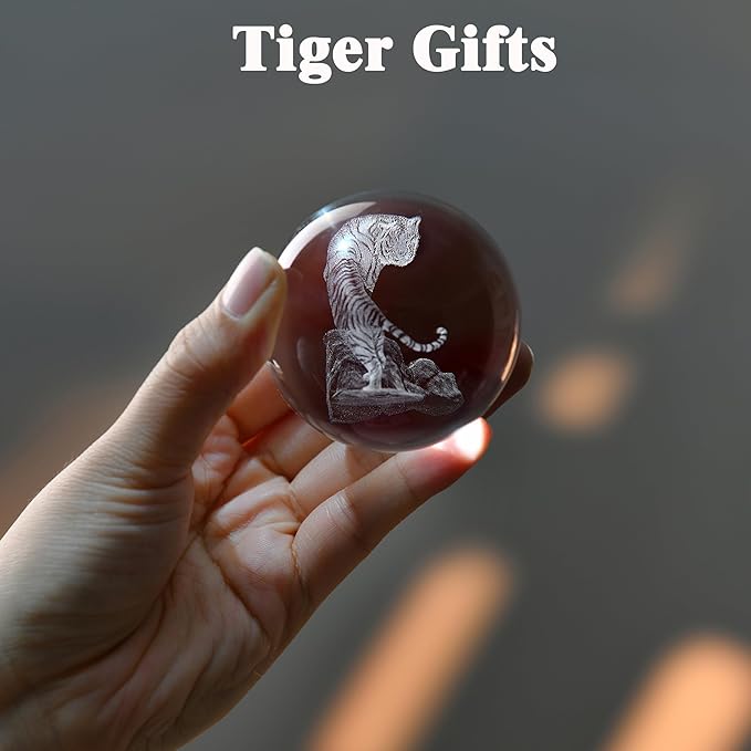 IFOLAINA 3D Tiger Crystal Ball Tiger Figurines in Crystal Ball 60mm Decor White Tiger Collectibles Decorative Globes Gift Glass Sphere Home Decor with Stand, Clear