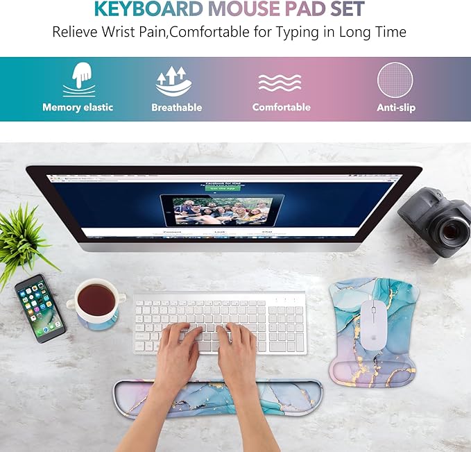 AIMSA Mouse Pad Wrist Support Set Keyboard Wrist Rest, Ergonomic Memory Foam Non-Slip Base Easy Typing Pain Relieve for Computer Laptop Home Office, Green Purple Marble