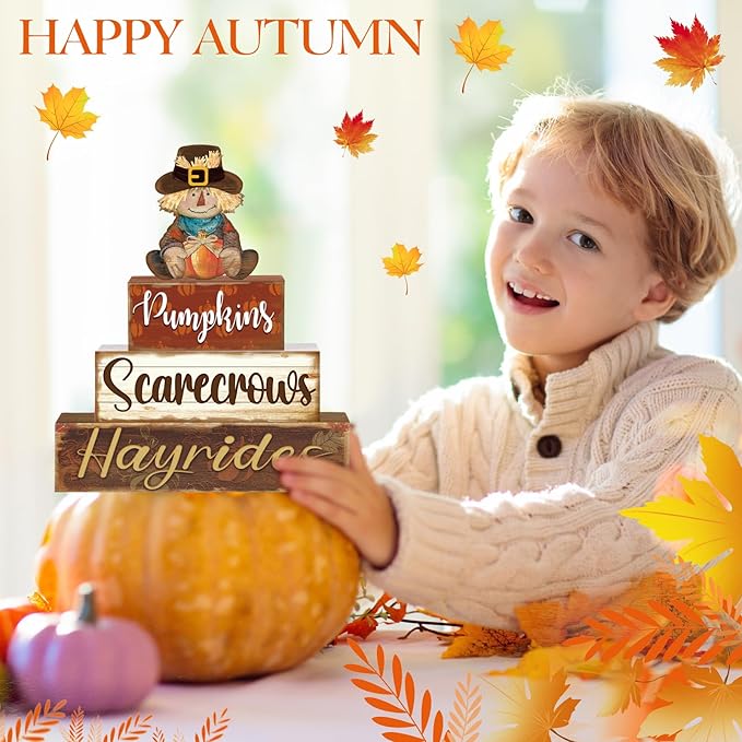 4 Pcs Fall Thanksgiving Decor for Home Cute Scarecrow Wooden Signs with Sayings Thanksgiving Fall Tiered Tray Decor Scarecrow Tabletop Centerpiece Hay Ride Block Signs for Office Kitchen Shelf