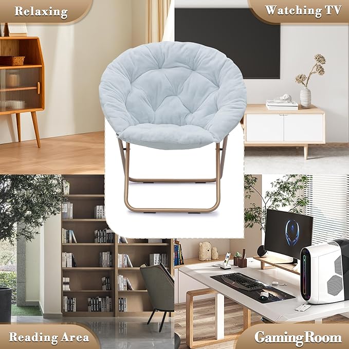 Athena Collection Saucer Chair with Ottoman Comfy Chair for Bed Room Living Room Folding Round Cozy Chair Faux Fur Metal Frame Foldable Lazy Chair Accent Chair Reading Chair Set of 2, Blue