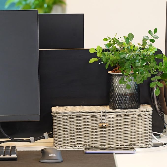 BROWNLILY Cable Management Box, Rattan Style Cord Organizer for Desk Cord Hider Outlet Covers Baby Proofing for Power Strip TV PC Router Charger Under Desk Storage with Lockable Lid and Cable Ties
