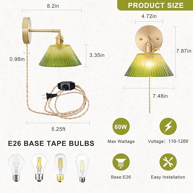 Plug in Wall Sconces Set of 2, Vintage Wall Sconce Light with Gradient Green Glass Lampshade, 180° Adjustable Wall Sconce with Switch and Plug in Wall lamp Cord, Gold Wall Light Wall Decor Set of 2