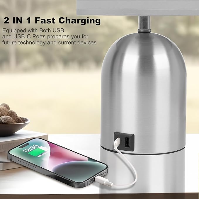 Bedside Table Lamp for Bedroom, 3 Way Dimmable Touch Small Desk Lamp for Office with USB Charging Port Lamps for Living Room, Bedroom, Reading Room, Office, Grey/Sliver, Silver