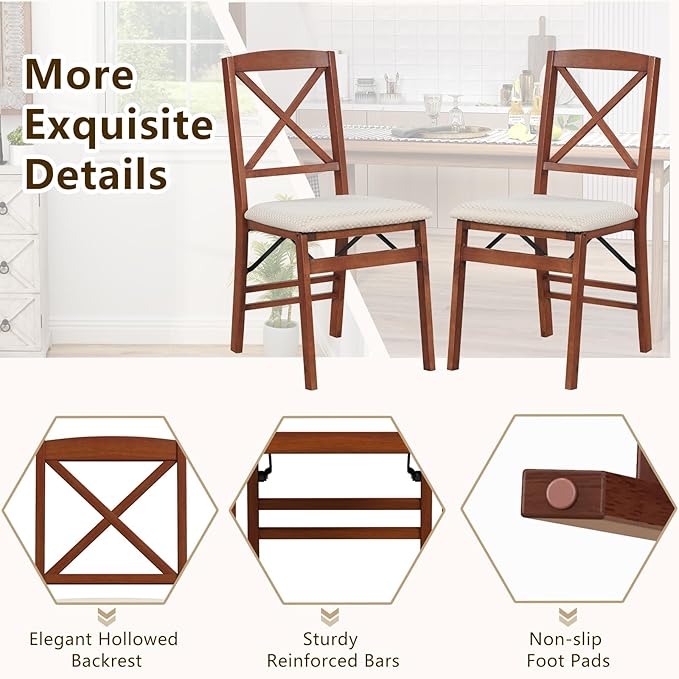 COSTWAY Folding Dining Chairs Set of 4, Upholstered Wooden Dining Room Chairs with X-Shaped Back, 400LBS Capacity and Solid Wood Frame for Kitchen Apartment (Brown & Beige)