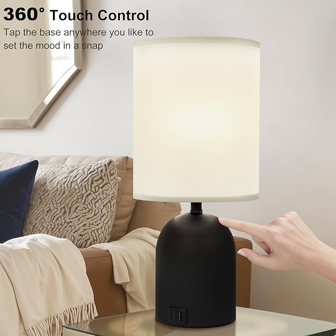 Bedside Table Lamp for Bedroom, 3 Way Dimmable Touch Nightstand Lamp with USB C and A Ports Small Table Desk Lamp for Bedroom, Living Room, Reading Room, Kids Room, Office, Dorm Black/White
