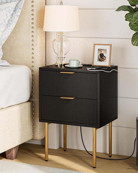 Masupu Nightstand with Charging Station,Mid-Century Modern Bedside Table with 2 Storage Drawer,Small Gold Frame Side End Table for Bedroom,Living Room (Black)