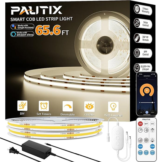 PAUTIX COB LED Strip Light 65.6ft/20m,Work with Alexa/Google Assistant,9600 LEDs Natural White 4000K,CRI93+ Super Bright High Lumen,Dimmable 24V Flexible LED Light Strip,for Home&Office DIY Lighting