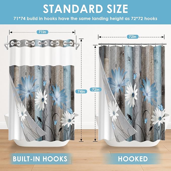 No Hook Rustic Farmhouse Shower Curtain with Snap in Fabric Liner Set, Blue Daisy Flowers and Butterfly on Wooden Double Layers Waterproof with See Through Top Bath Curtain 71x74 Inch