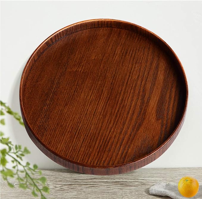 Solid Wood Serving Tray, Round Non-Slip Tea Coffee Snack Plate Food Meals Serving Tray with Raised Edges for Home Kitchen Restaurant (9.5inch, Brown)
