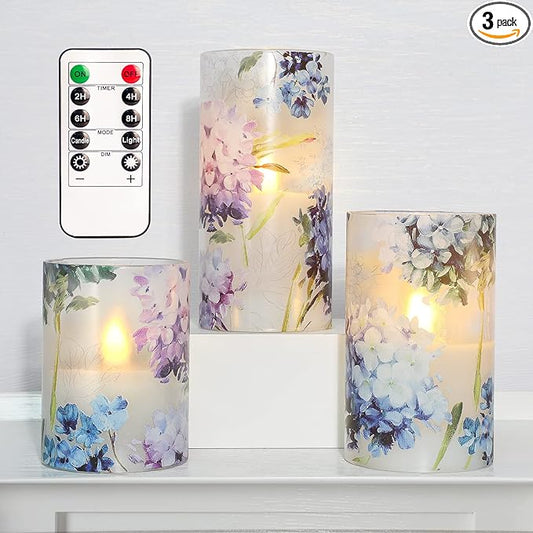 Blue Violet Hydrangea Flameless Candles LED Flicker with Remote DIM Love Theme Summer Spring Decorative Glass Decor Wedding Date Proposal Dinner Table Home Gift for Lover
