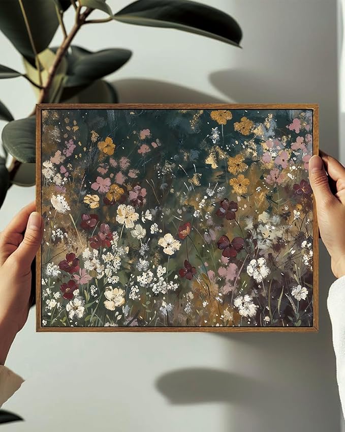 KISSFOX Vintage Floral Framed Wall Art Moody Wildflower Field Canvas Wall Art Neutral Farmhouse Serene Countryside Paintings Artwork Rustic Art Prints For Bedroom Living Room