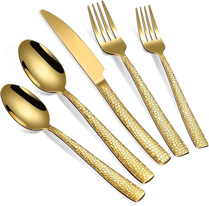 20-Piece Silverware Set, Gold Hammered Stainless Steel Flatware Sets for 4, Food-Grade Tableware Set, Including Fork Knife Spoon Set, Home Kitchen Cutlery Sets, Dishwasher Safe