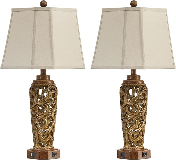 27" Set of 2 Farmhouse Table Lamps for Living Room Bedroom, Rustic Bedside Lamp with USB A+C Ports, Red Brown Resin Vintage Nightstand Lamps with Night Light, 2 Bulbs Include