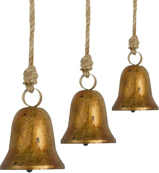 Styleonme Decorative Bells, 3-Piece Set of Harmonious Bells, Vintage Handmade and Rustic Lucky Christmas Bells Hanging on a Rope, Gifts for Mom, Grandma, and Women