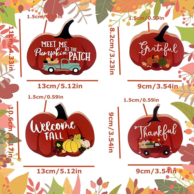 Cute Pumpkin Autumn Decorations Indoor, 4 Pcs Wooden Tiered Tray Decor Table Sign Thanksgiving Fall Decor Pumpkin Signs for Party Home Shelf Display