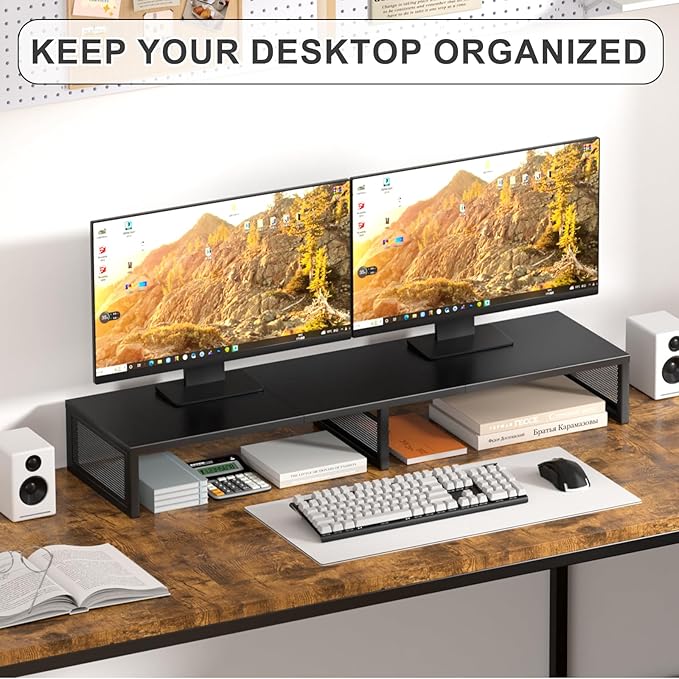 Dual Computer Monitor Stand Riser, Desk Organizers and Accessories, Printer & TV Stand, Desk Shelf, Office Desk Accessories & Desktop Workspace Organizer for Office Supplies, Black
