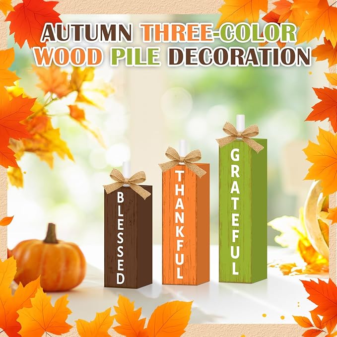 3 Pcs Fall Decorations for Home Wooden Thanksgiving Tiered Tray Decor, Thankful Fall Table Decor Vintage Farmhouse Autumn Harvest Tabletop Centerpieces Table Sign Kitchen Indoor Mantel