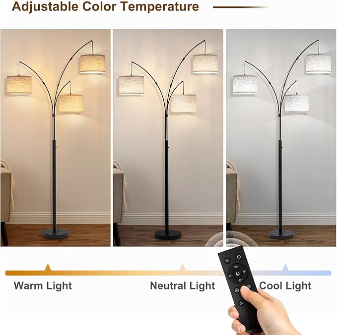 Arc Floor Lamp, 3 Light Floor Lamp with Remote, 2400LM Super Bright Tall Standing Lamp with 3 Color Temps & Dimmable, 80" Mid Century Tree Floor Lamps for Living Room, Bedroom, Office
