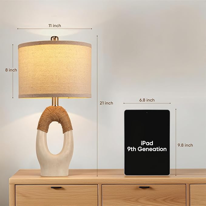 Set of 2 Boho Rattan Table Lamps,21" Farmhouse Rustic Lamps for Bedroom Night Stands,Washed White Resin Bedside Lamps with Linen Shades for Living Room Coastal Beach Decor(Bulbs Not Included)