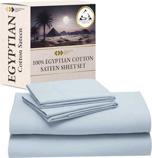 California Design Den Certified 100% Egyptian Cotton Sheets Full Size Bed Set - Soft Sateen, Deep Pocket Bed Sheets with Anti-Skid Elastic, Cool and Durable Luxury Bedding - Light Blue