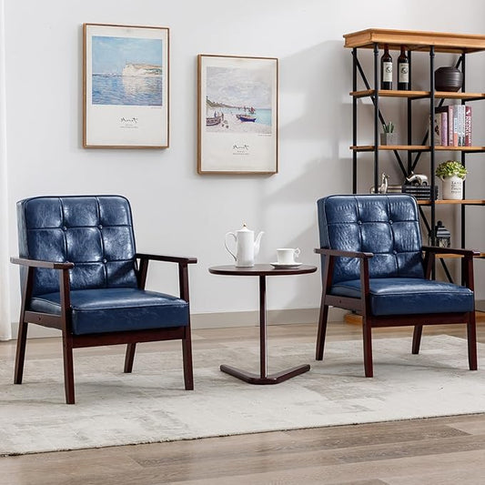 Okeysen Accent Chairs Set of 2, Mid Century Modern Accent Chair, Retro Wood and Leather Armchairs Side Chair, Lounge Reading Comfy Arm Chair for Living Room, Bedroom, Office (Blue)
