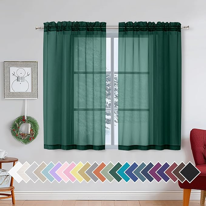 Aiyufeng Hunter Green Sheer Curtain Drapes 45 Inch Length 2 Panels for Living Room, Light Filtering Voile Green Drapes for Bedroom, Patio, Sliding Door, Each 42" W x 45" L