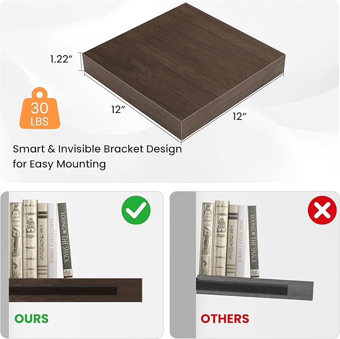 Square Floating Shelves for Wall, 12" W x 12" D x 1.2" H, Small Wooden Wall Mounted Display Shelves with Invisible Brackets for Living Room, Bedroom, Bathroom, Kitchen Decor, Set of 3, Walnut