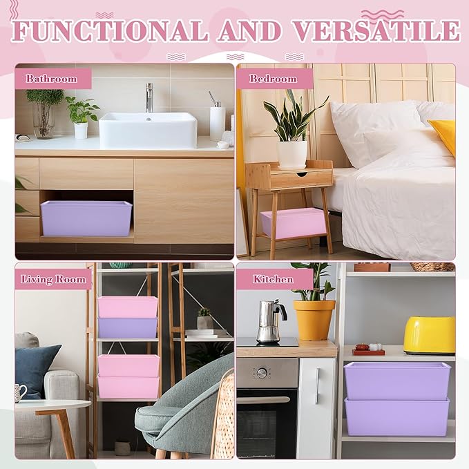 Menkxi 4 Pcs Storage Bins with Lids Plastic Containers Stackable Storage Box Baskets for Organizing Shelves (Pink, Purple,Large)