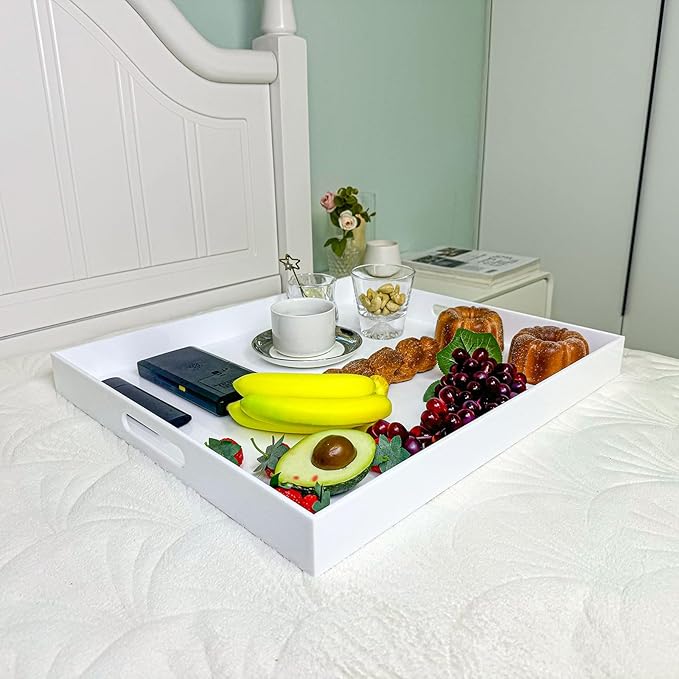 White Rectangular 18x20 Inches Acrylic Ottoman Tray Decorative Serving Tray with Cutout Handles Organizer Tray on Coffee Table Countertop Big Breakfast Bed Tray Living Room Appetizer Serving Food