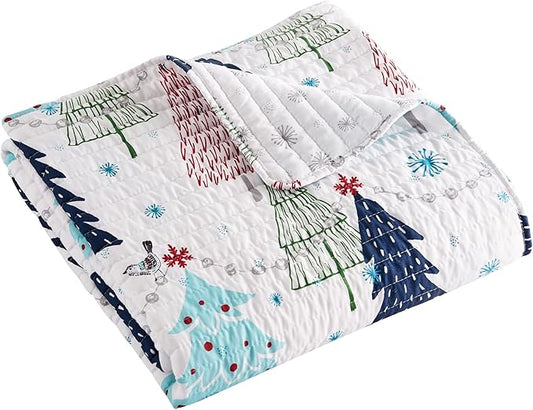 Levtex Home Merry & Bright Collecion - White Pine - Throw - Christmas Tree - Blue, Red, Green and White - Holiday Quilted Throw Size 50x60in. - Polyester