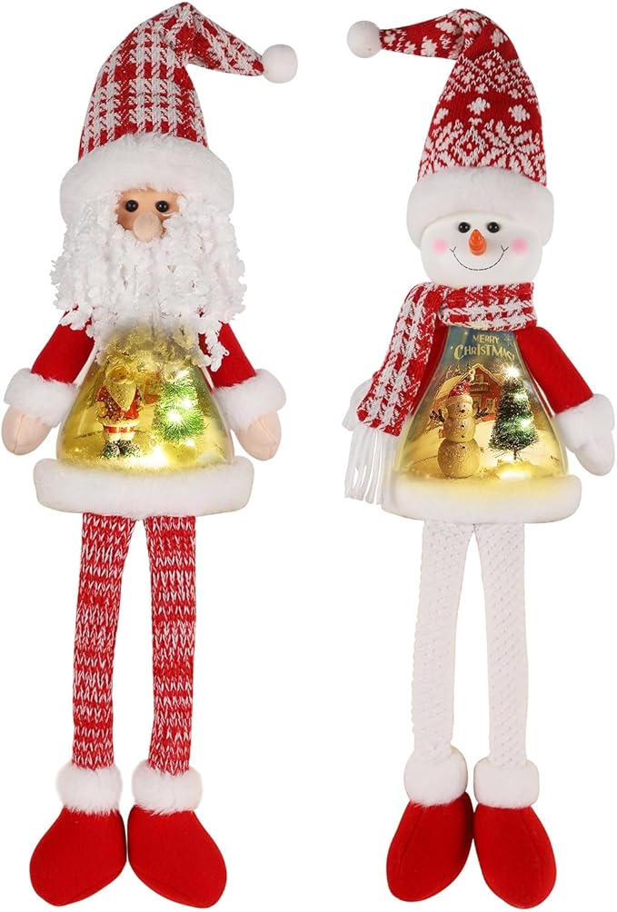 Juegoal 2 Pack Lighted Christmas Santa & Snowman with Dangling Legs, 24" Handmade Plush Figurines with Miniature Xmas Scenes in Belly, Battery Operated Tabletop Dinner Party Ornaments