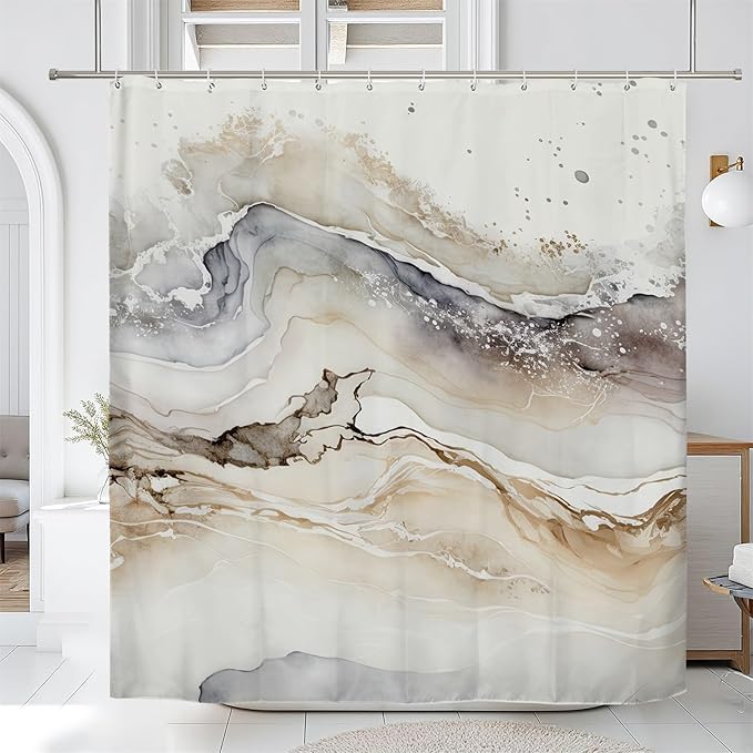 Renaiss Tan Marble Shower Curtain Modern Beige Waterproof Fabric Minimalist Shower Curtains Set Hooks Absract Taupe Ombre Aesthetic Luxury Hotel Bathroom Decorative Shower Curtain 72" W x 84" L