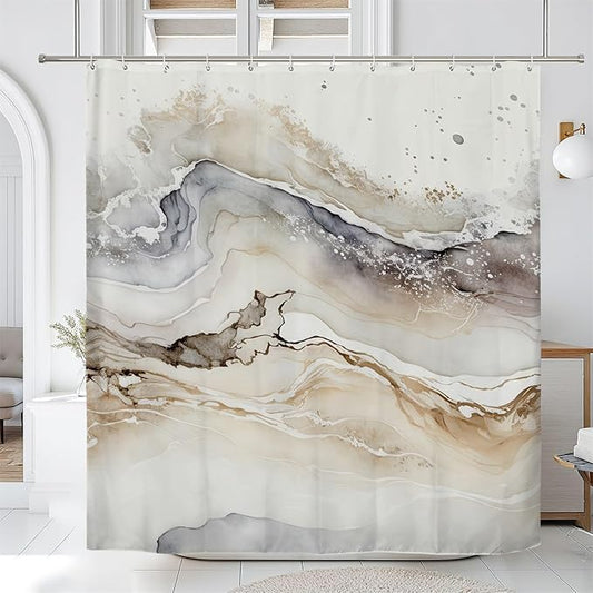 Renaiss Tan Marble Shower Curtain Modern Beige Waterproof Fabric Minimalist Shower Curtains Set Hooks Absract Taupe Ombre Aesthetic Luxury Hotel Bathroom Decorative Shower Curtain 72" W x 72" L