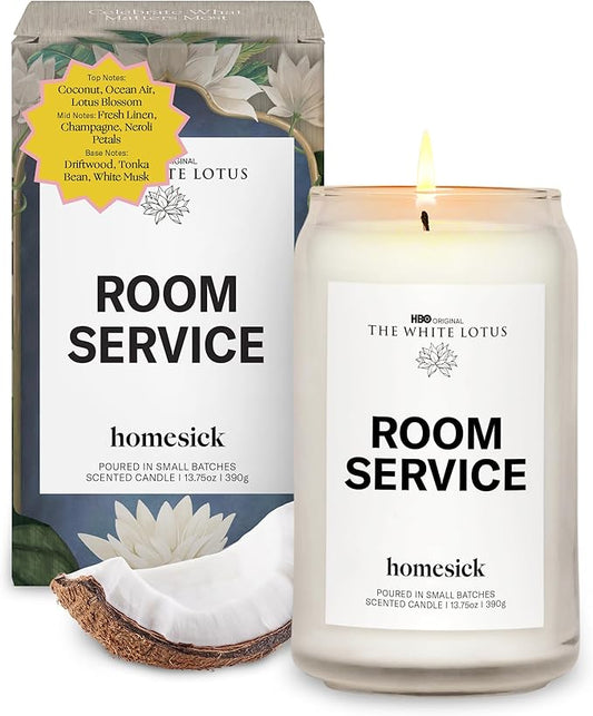Homesick Scented Candles for Home (Room Service) - 13.75 oz Long-Lasting Soy Wax Jar Candle for Women & Men for All Occasions, 60-80 Hours Burn Time - Notes of Lotus Blossom, Fresh Linen & White Musk