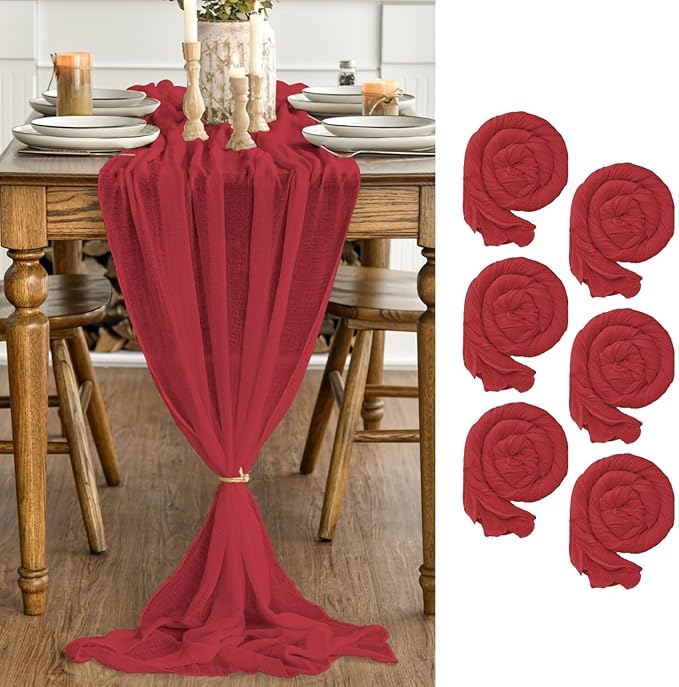 Artoid Mode Boho Gauze Red 3 Pieces Wedding Table Runner, 120 Inch Cheesecloth Christmas Fabric Kitchen Dining Holiday Table Decor for Home Party Indoor