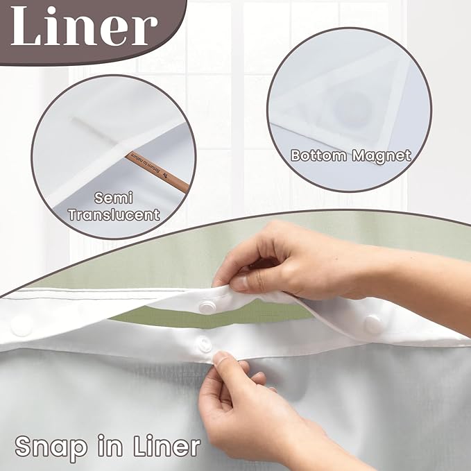 No Hook Slub Textured Shower Curtain with Snap in Liner - Sage Green Fabric Outer Curtain & Waterproof Inner Liner, Hotel Style with See Through Top Window, 71x86 in