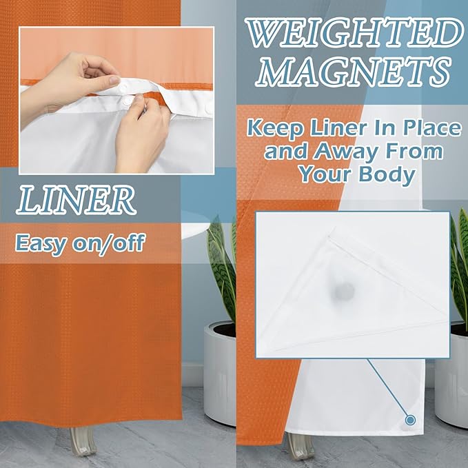 Burnt Orange Stall No Hook Shower Curtain with Snap in Liner,230GSM Waffle Weave Shower Curtains for Bathroom,54W x 80H