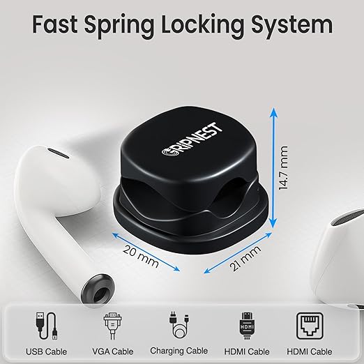 6 Pack Adhesive Cable Clips Black Spring Loaded Cord Holders for Nightstand, Desk, Wall, Car, or Bedside Ideal Charging Cable Organizer for Home or Office Setup