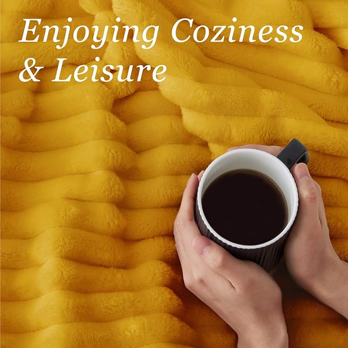 BEDELITE Fleece Throw Blanket for Couch - 300GSM Soft & Warm Fluffy Mustard Yellow Blanket, Decorative and Giftable Striped Blankets for Women, Men, 50"x60"