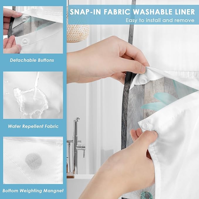 No Hook Rustic Farmhouse Shower Curtain with Snap in Fabric Liner Set, Teal Daisy Flowers and Butterfly on Wooden Double Layers Waterproof with See Through Top Bath Curtain 54x80 Inch