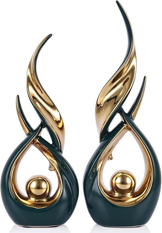 2 PCS Green Gold Ceramic Statues For Home Decor Accents, Modern Abstract Art Sculptures, Elegant Tabletop Decorative Objects For Dining Room, Entryway, Tv Stand, Mantel, Coffee Table Centerpieces