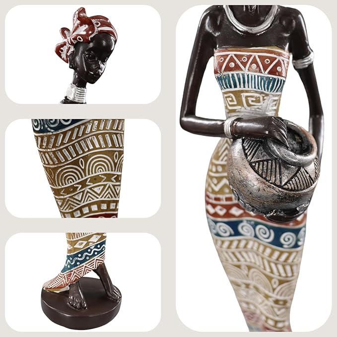 African Traditional Art Handmade Statues, Colorful Geometric Pattern Long Skirt Women's Ornaments and Decorations, Suitable for Home Study Display and Cultural Gift Collection