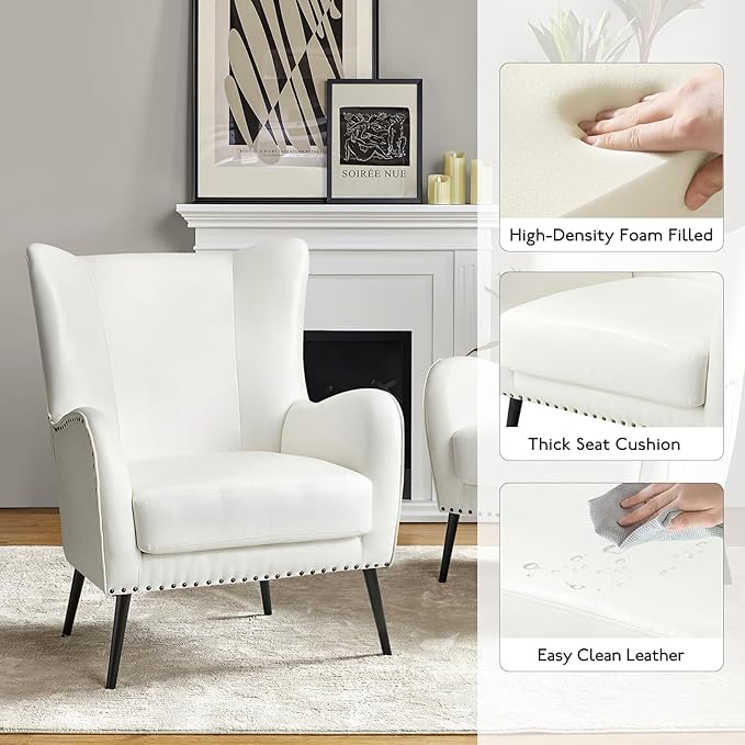 HULALA Home Faux Leather Accent Chair w/Removable Cushion, Comfy Upholstered Armchair with Black Metal Legs & Nailhead Trim Wingback Vanity Chair Desk Chair for Reading Living Room Bedroom, Ivory